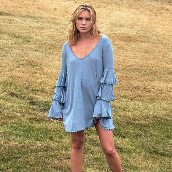 Free People FP Beach Seashore Ruffled V-Neck Mini Dress size small boho beachy - Picture 2 of 12